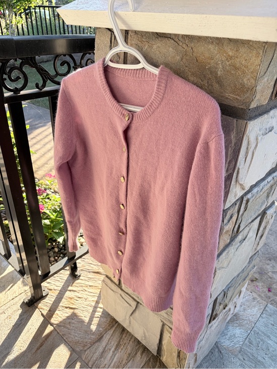 Vintage Sweaters - Vintage Edward Chapman Dusty Pink Gold Button Knit Cardigan 100% Wool